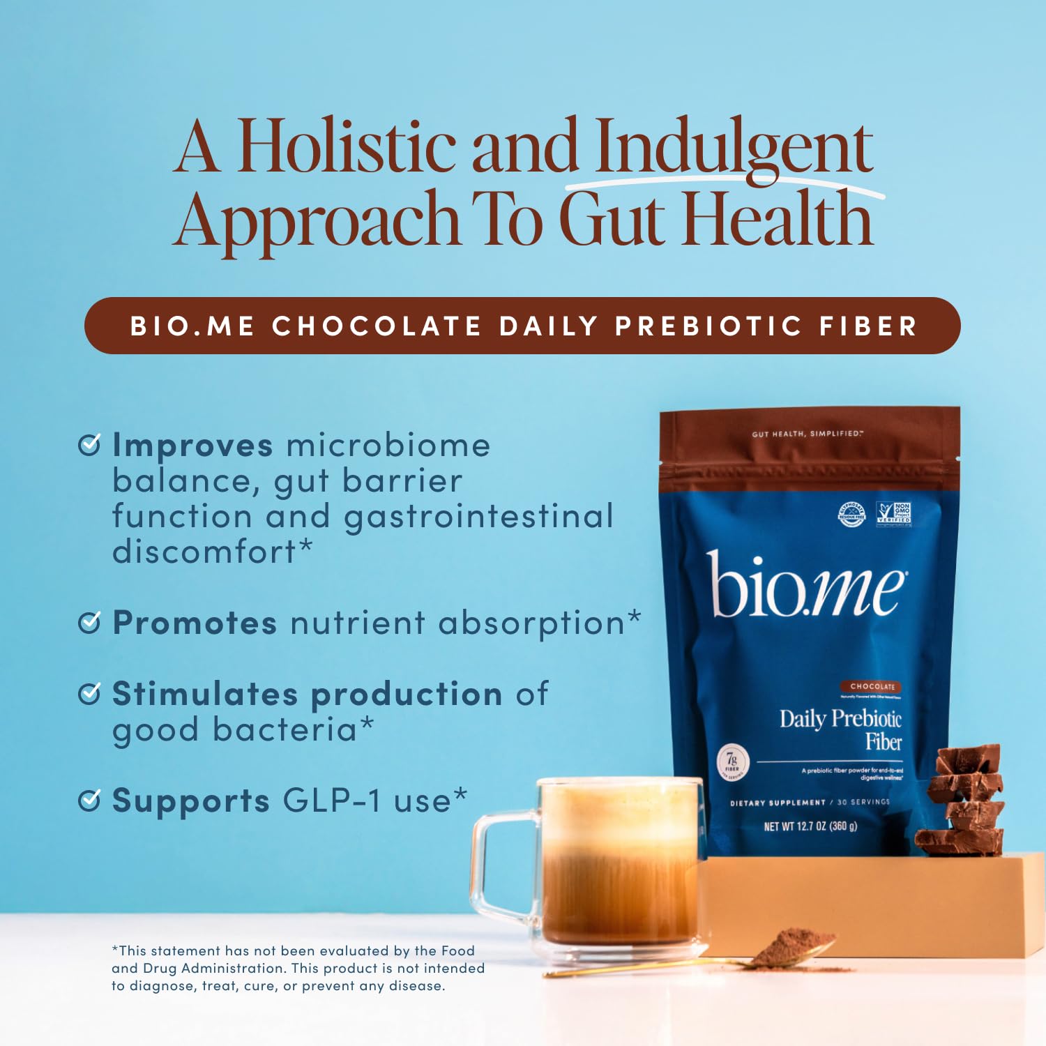Bio.me Daily Prebiotic Fiber powder chocolate tub with spoon for a quick fiber boost