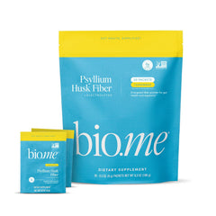 Bio.me Psyllium Lemonade packaging in travel packs for on-the-go routines