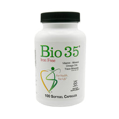 Bio-35 bottle front label signaling daily wellness with gluten- and soy-free multivitamins.