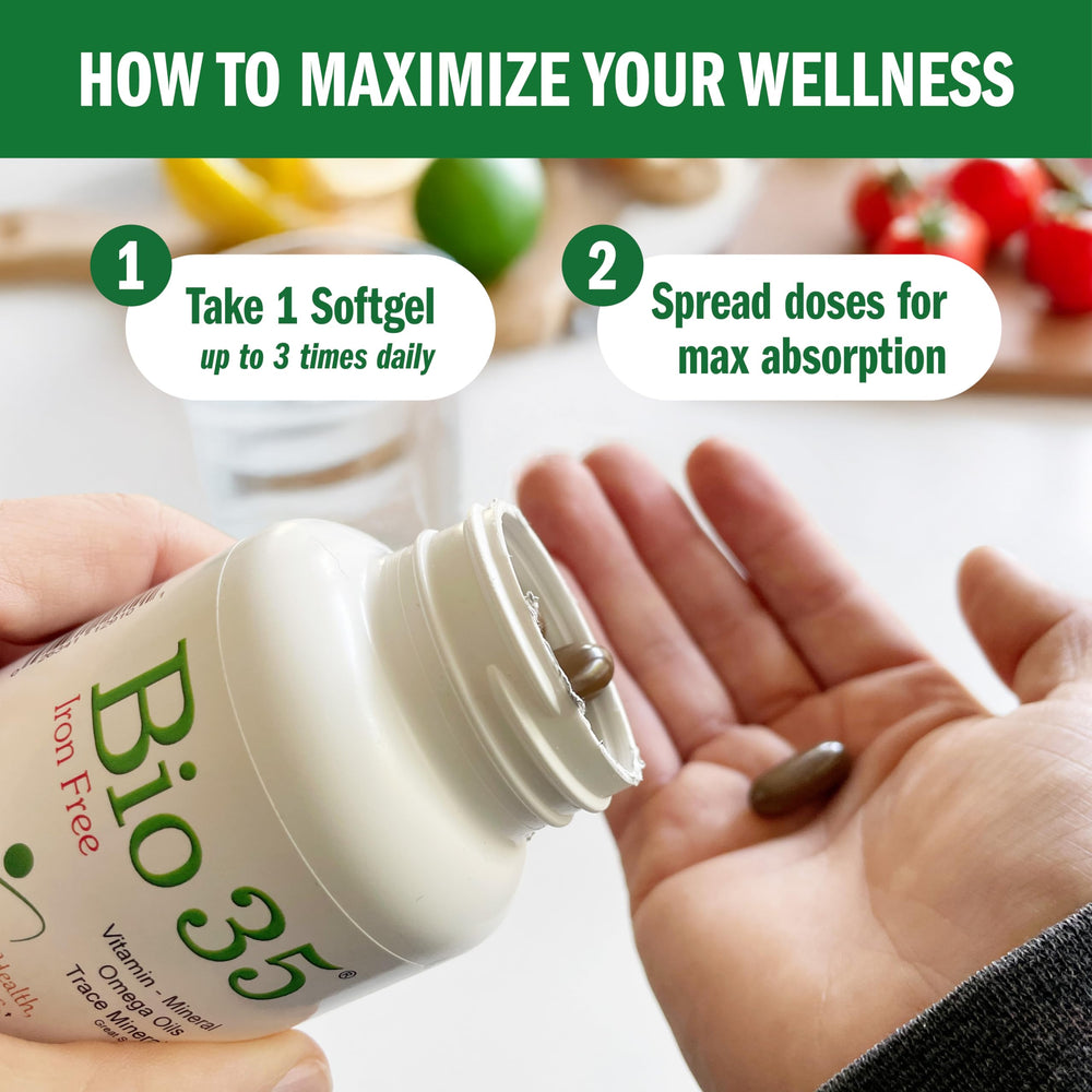 Bio-35 softgel capsules held for scale and portability.