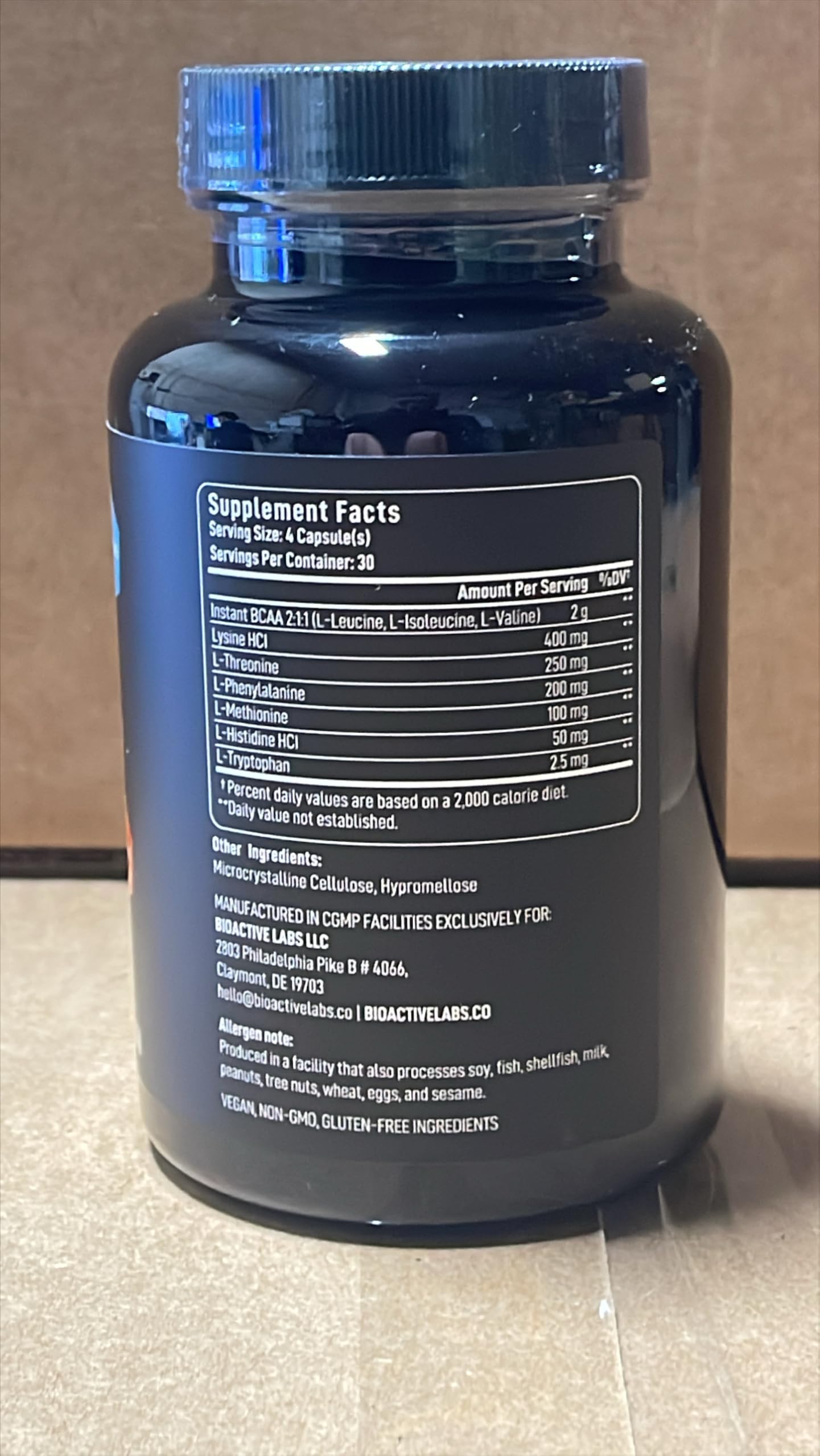BIOACTIVE LABS packaging highlights all nine essential amino acids.
