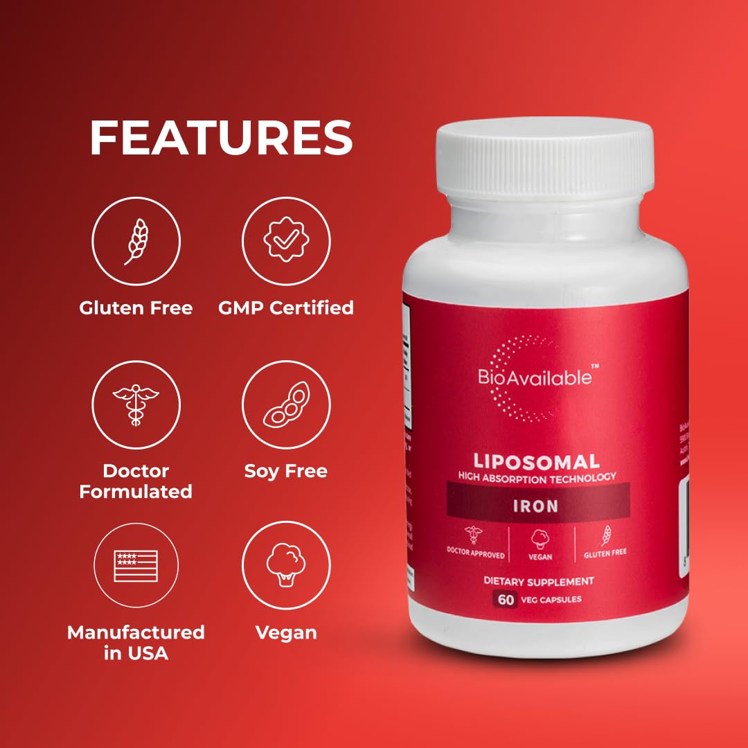 BioAvailable Liposomal Iron ingredients list, clearly vegan, soy-free, gluten-free formulation.