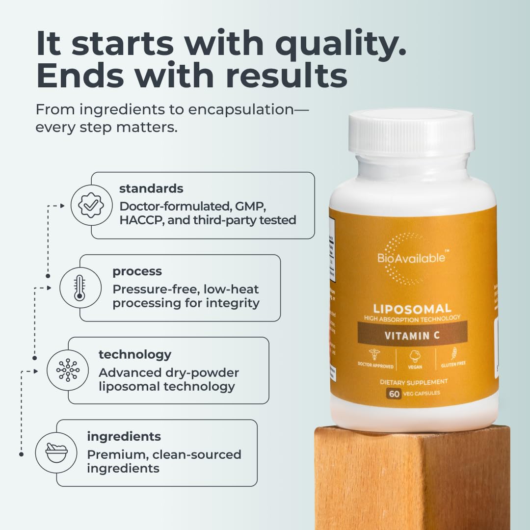 Close-up of BioAvailable Liposomal Vitamin C capsules highlighting absorption potential.