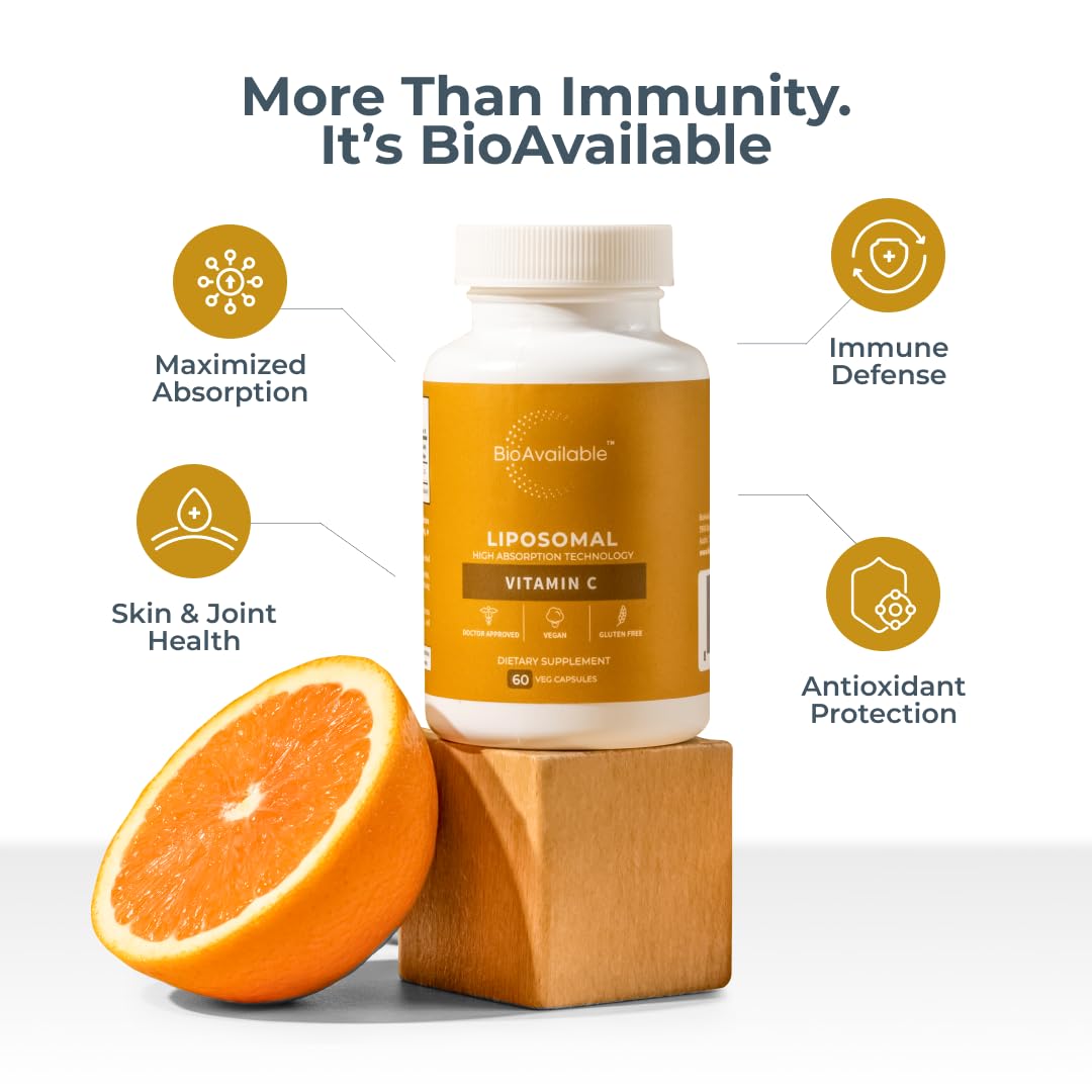 Glass bottle of BioAvailable Liposomal Vitamin C on a clean counter for daily wellness.