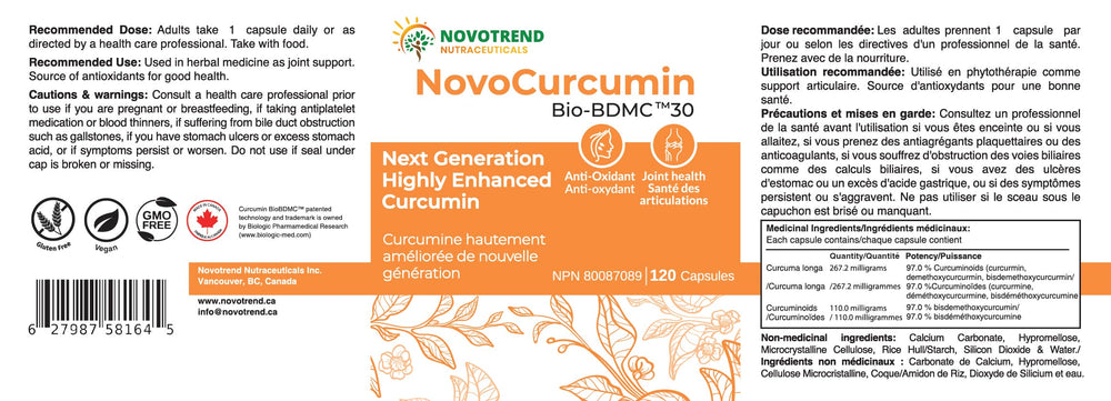 Close-up of BIOBDMC NovoCurcumin capsules showing high potency curcuminoids.