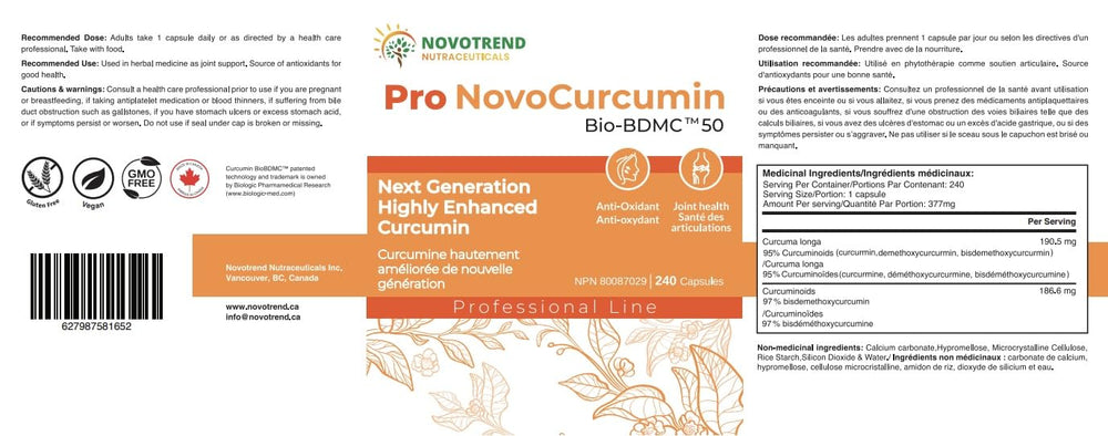 BIOBDMC Pro NovoCurcumin bottle back details daily intake and benefits