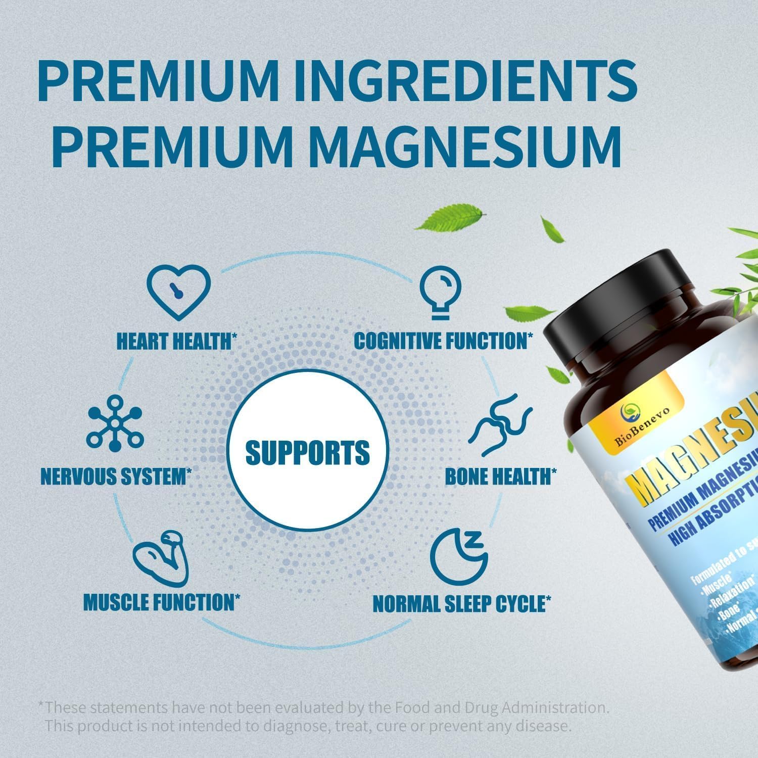 Vegan, non-GMO badge shown for BioBenevo magnesium complex.