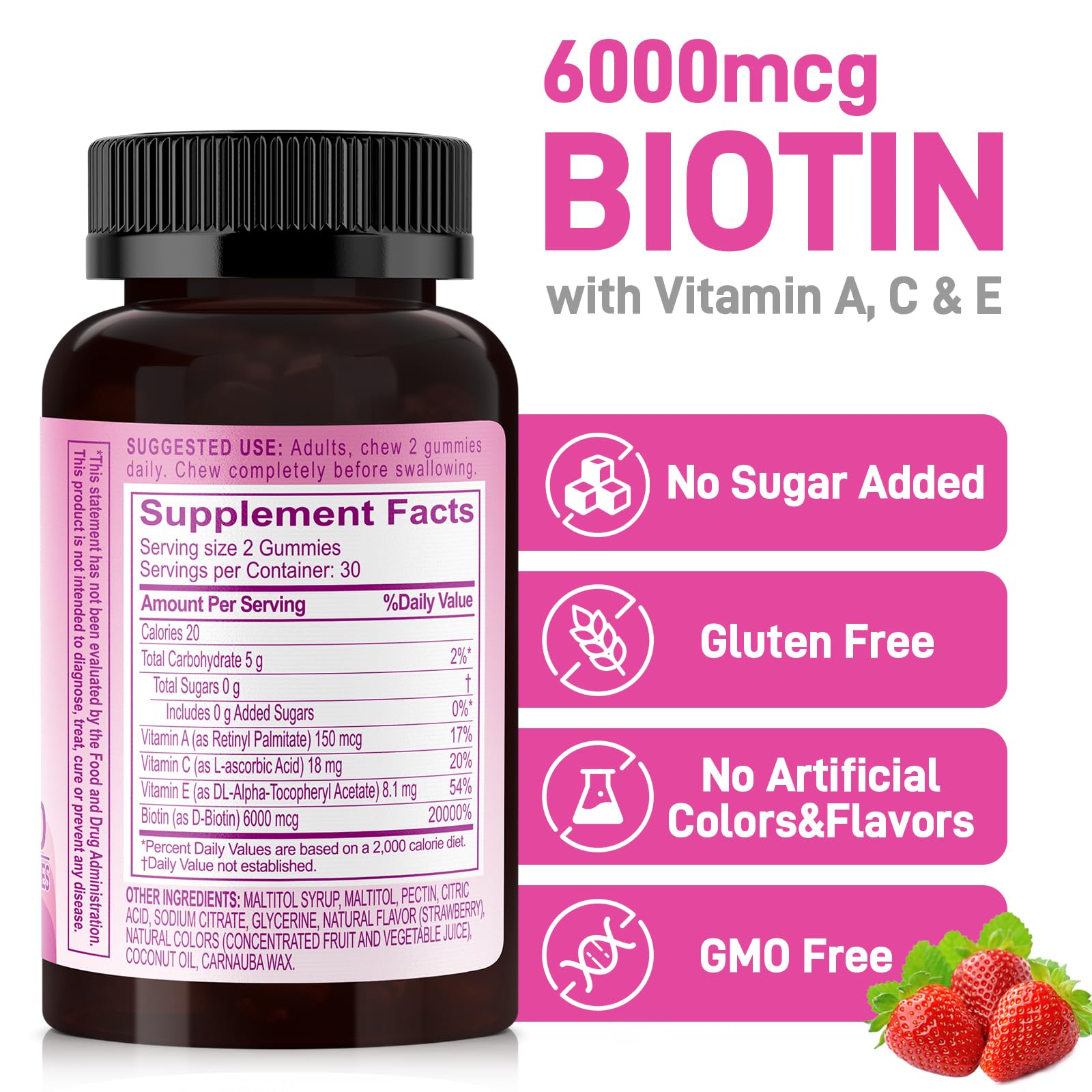 Biobor Beauty Gummies bottle back showing GMO-free and gluten-free claim