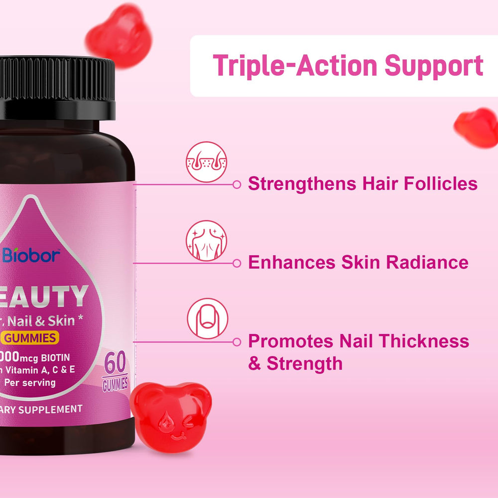 Biobor Beauty Gummies showing natural strawberry flavor and sugar-free formula