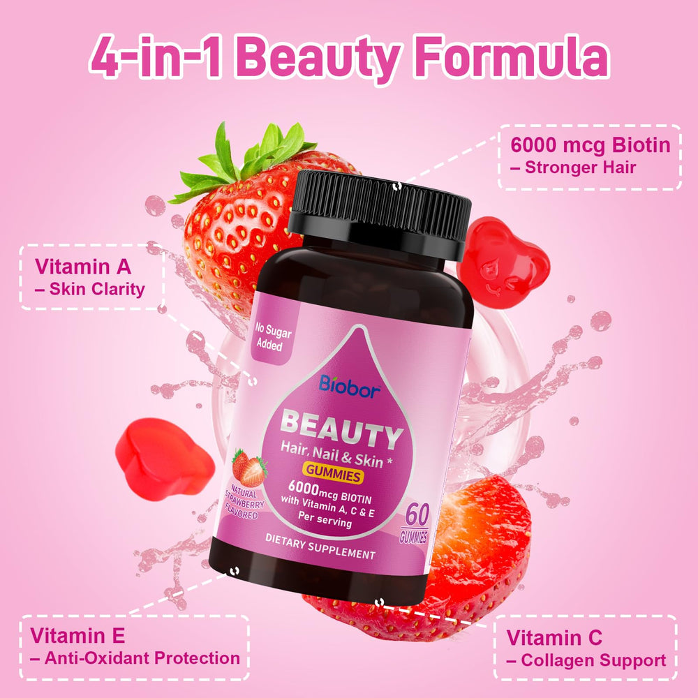 Biobor Beauty Gummies close-up texture and strawberry flavor detail
