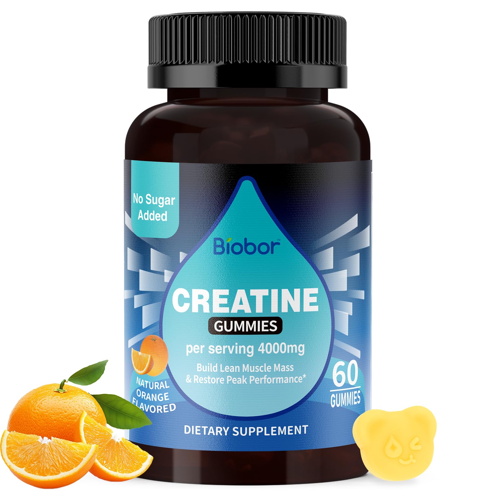 Biobor Creatine Monohydrate Gummies orange bottle for on-the-go energy support.