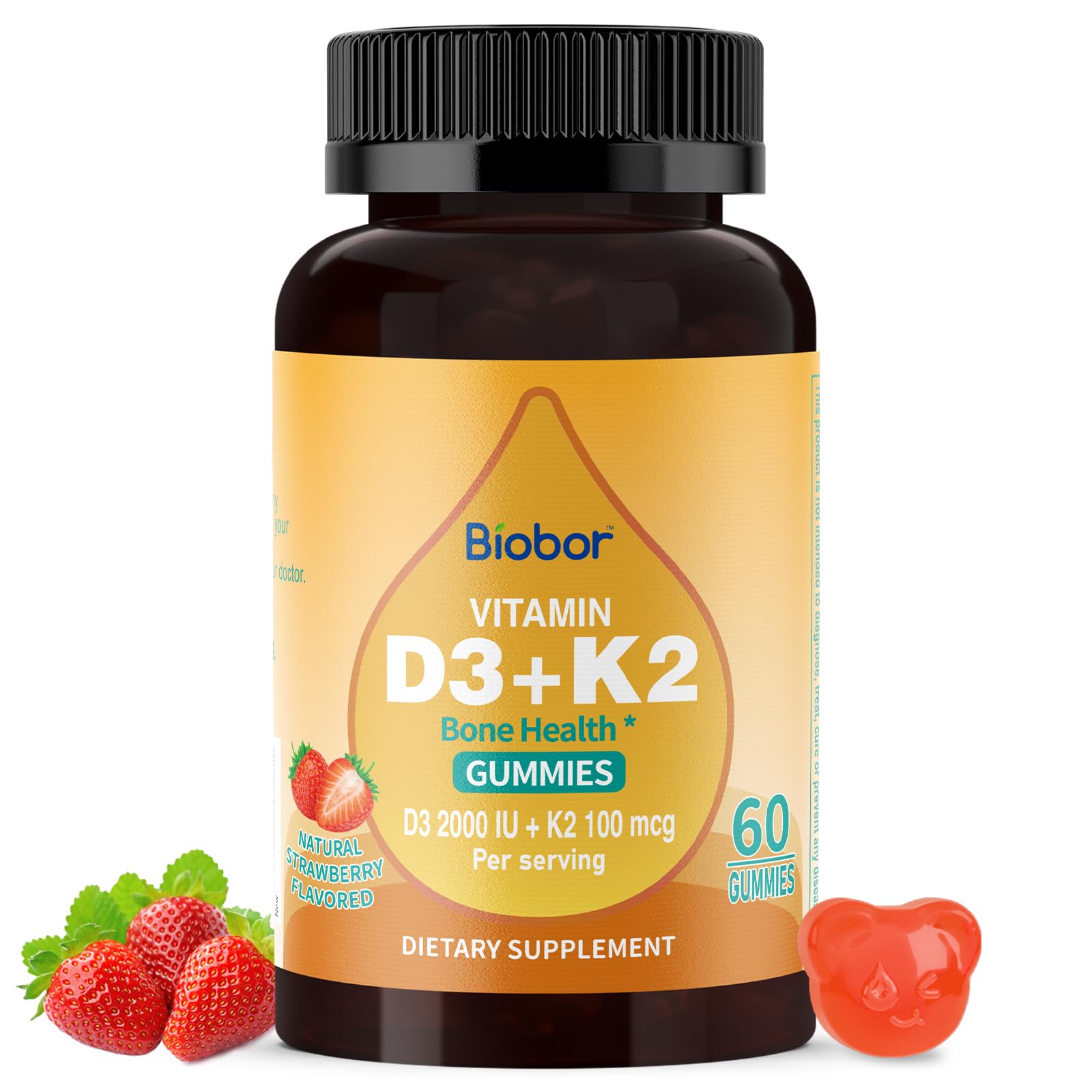 Biobor D3 K2 gummies in front of bottle support bone health with strawberry flavor.