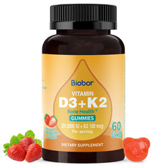 Biobor D3 K2 gummies in front of bottle support bone health with strawberry flavor.