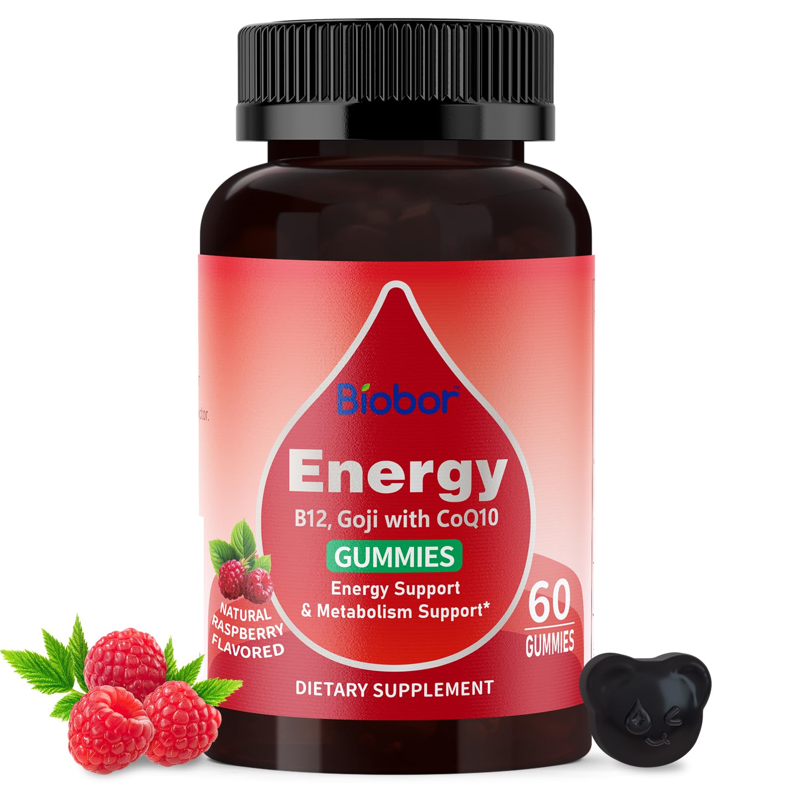 Biobor Raspberry Energy Gummies in bottle offer a natural energy lift for busy days.