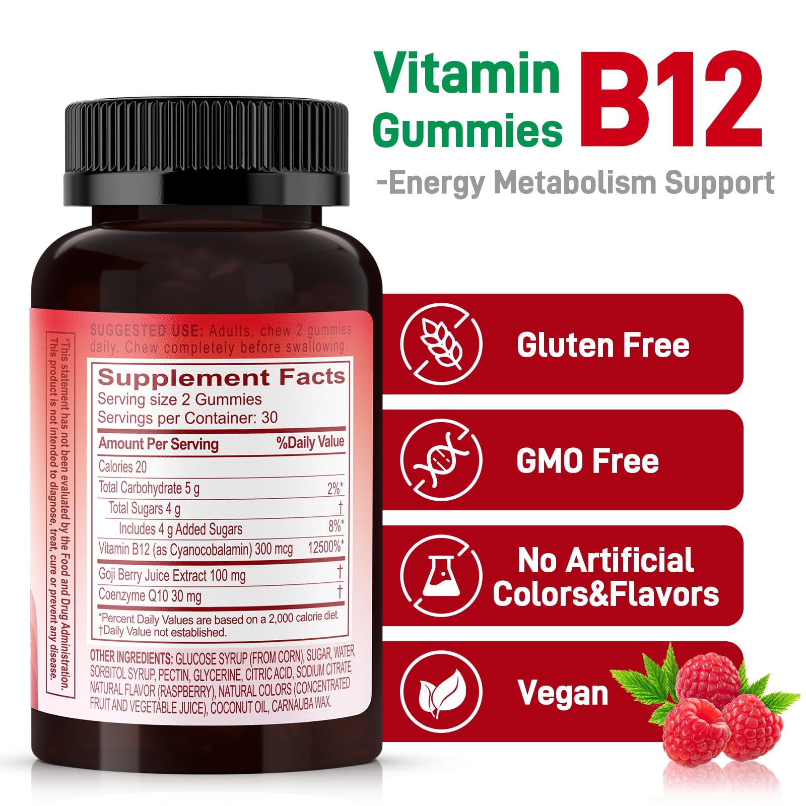 Close-up of raspberry-flavored gummies highlighting a tasty, gluten-free supplement for daily vitality.