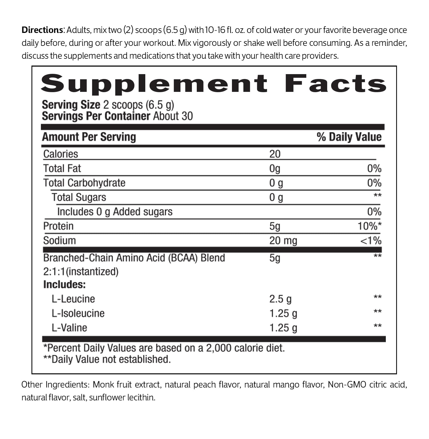 Label close-up of Biochem BCAA Peach Mango showing vegan and keto-friendly certifications.