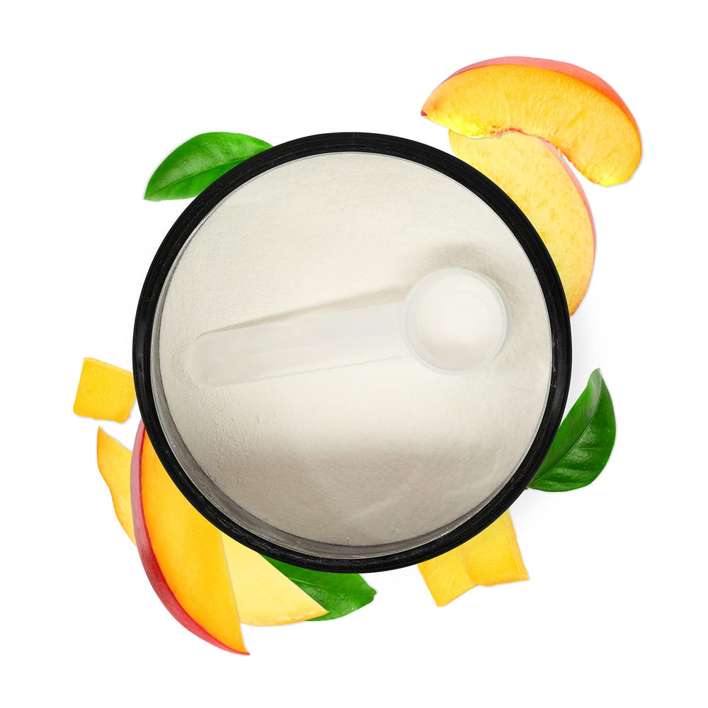 Close-up of Biochem BCAA Peach Mango powder texture in a scoop.