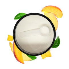 Close-up of Biochem BCAA Peach Mango powder texture in a scoop.