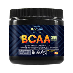 Biochem BCAA Peach Mango powder tub with scoop, ideal for pre- or post-workout hydration.