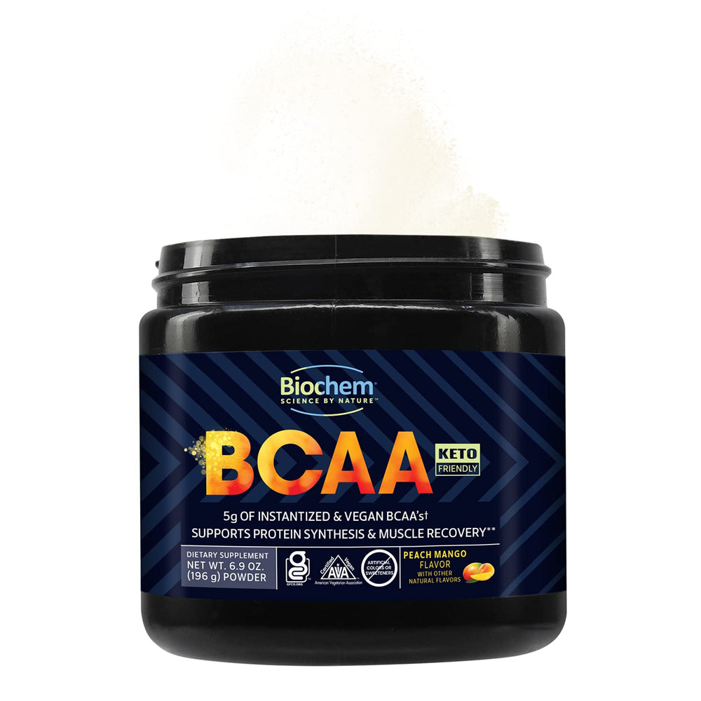 Biochem BCAA Peach Mango powder being dispensed from a scoop for hydration.