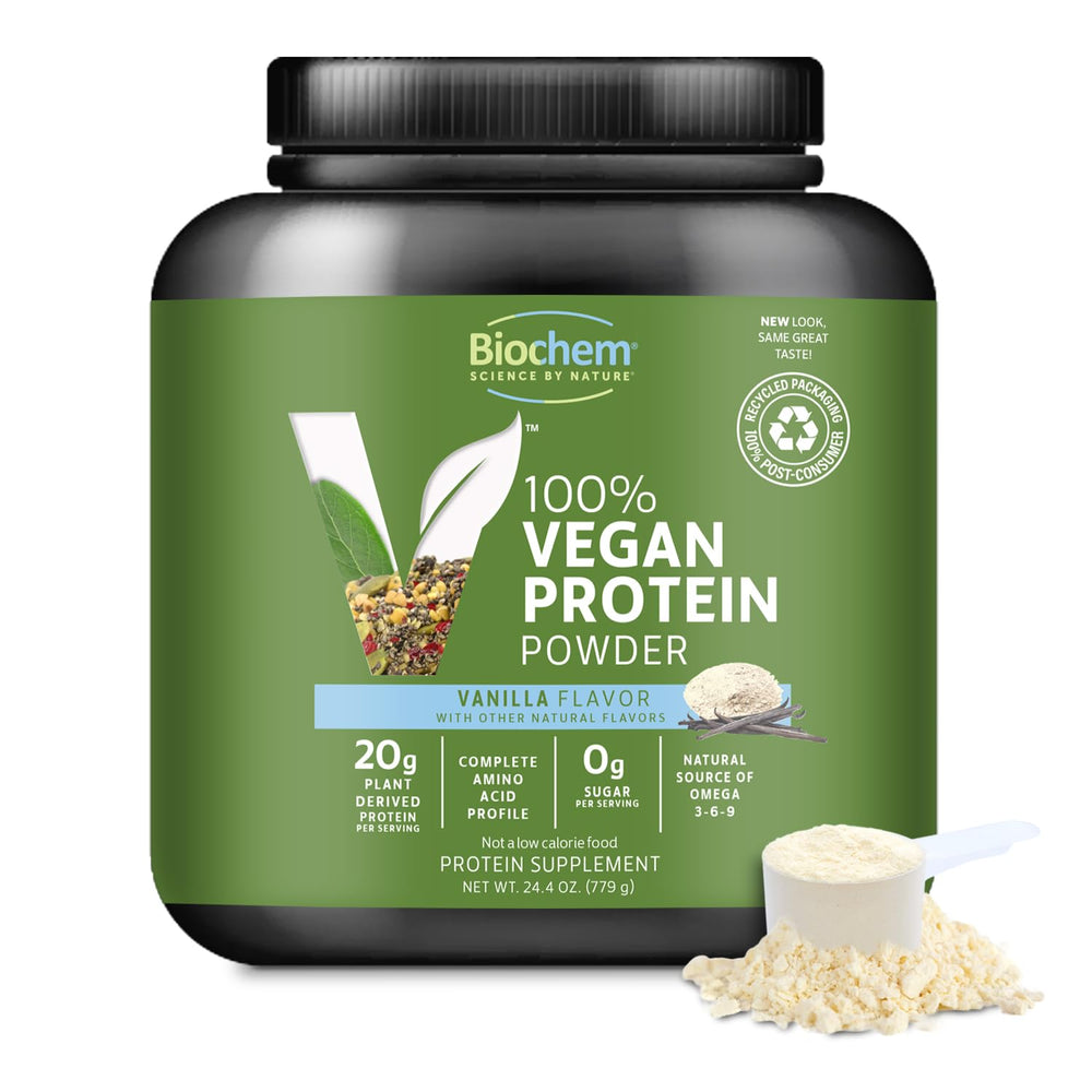 Biochem vegan protein powder bottle highlighting vanilla blend for clean plant-based protein