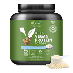 Biochem vegan protein powder bottle highlighting vanilla blend for clean plant-based protein