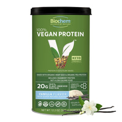 Biochem vegan protein powder vanilla packaging highlights gluten-free, clean ingredients for active lifestyles.