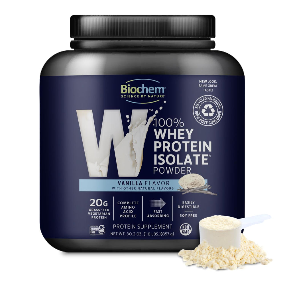 Biochem Whey Isolate Vanilla bottle emphasizes grass-fed sourcing and clean ingredients