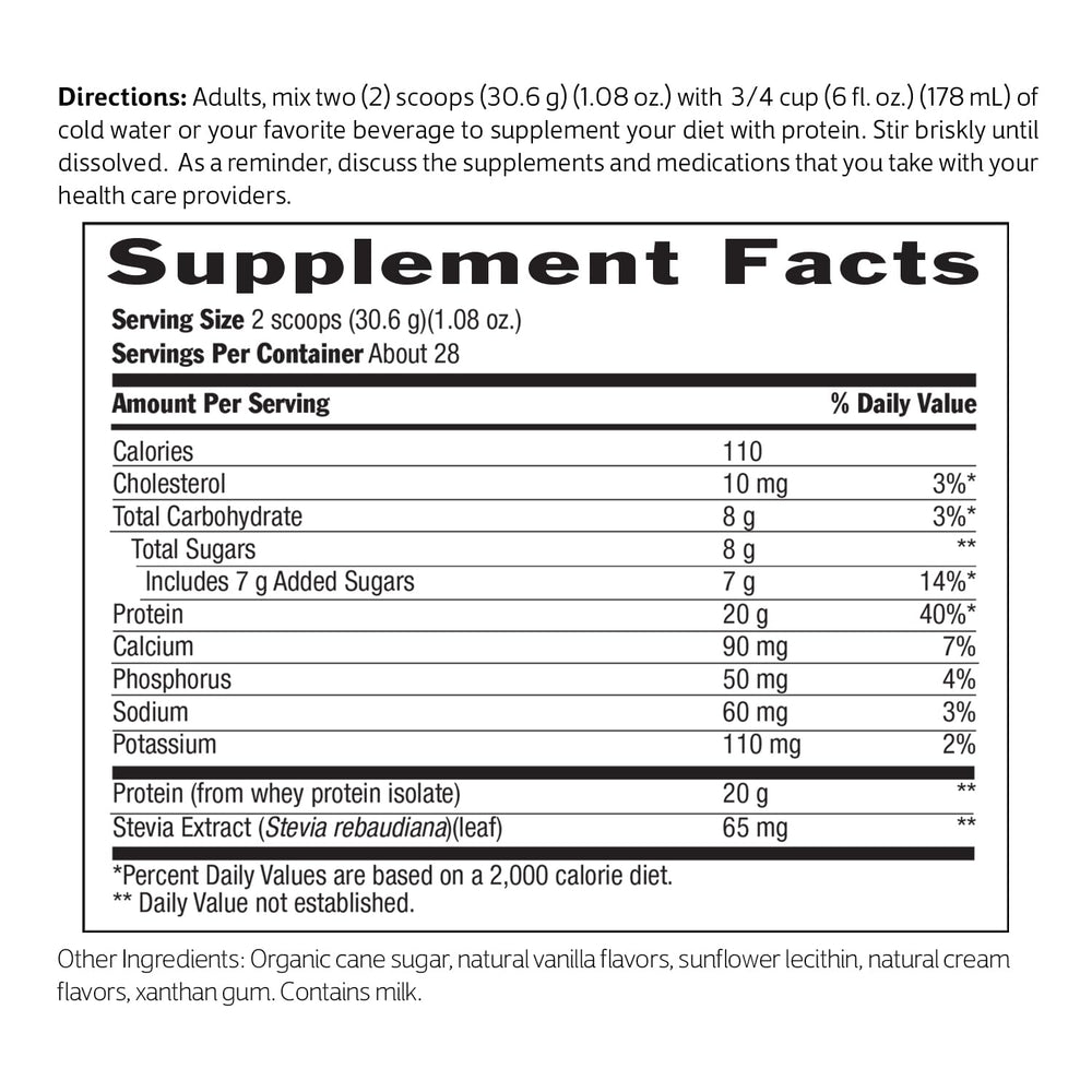 Biochem Whey Isolate Vanilla label highlights ingredients and protein per serving