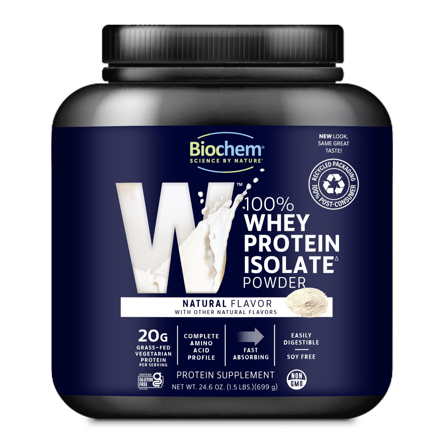 Biochem Whey Protein Powder bottle back view, nutrition panel for training goals.