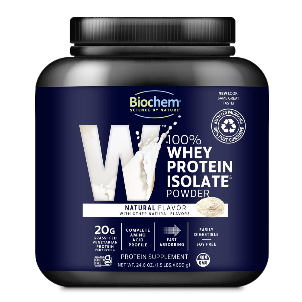 Biochem Whey Protein Powder bottle back view, nutrition panel for training goals.