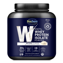Biochem Whey Protein Powder bottle back view, nutrition panel for training goals.