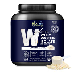 Biochem Whey Protein Powder bottle front view, highlighting high protein for workouts.