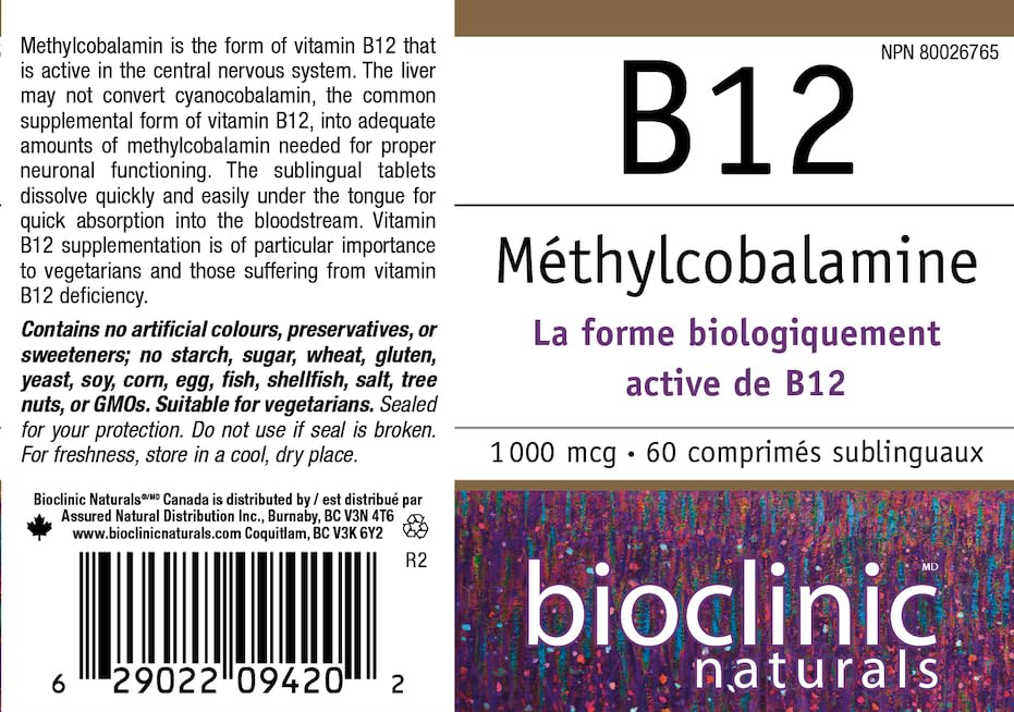 Bioclinic Naturals B12 lozenge bottle front for easy daily supplement