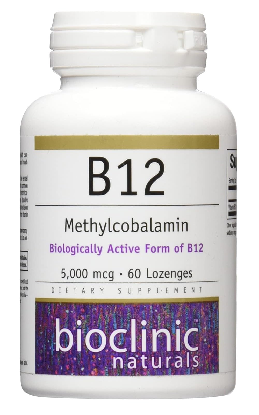 Bioclinic Naturals B12 methylcobalamin bottle with 60 lozenges for cognitive support