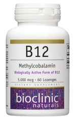 Bioclinic Naturals B12 methylcobalamin bottle with 60 lozenges for cognitive support