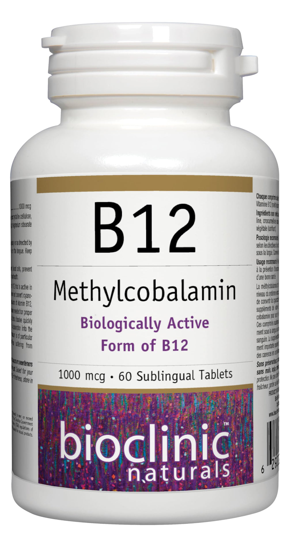 Bioclinic Naturals B12 methylcobalamin lozenge bottle showing 60-count daily use