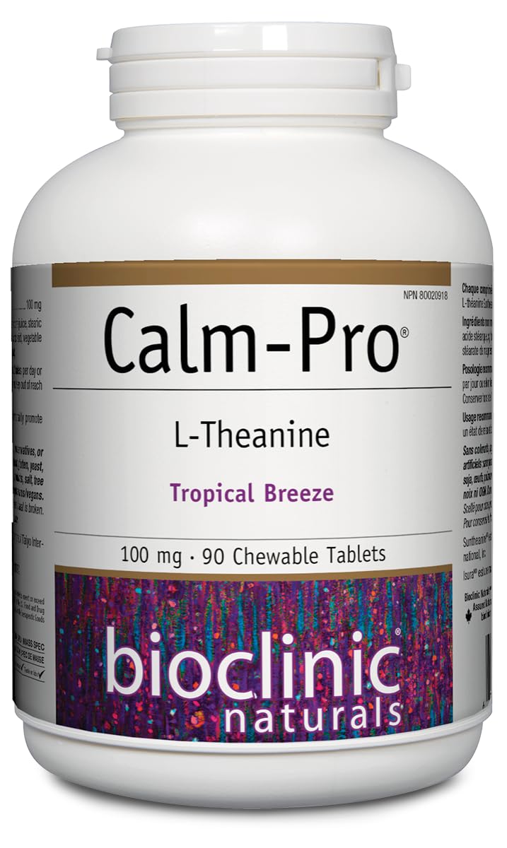 Bioclinic Naturals Calm-Pro chewable tablets bottle on shelf for easy daily calm.