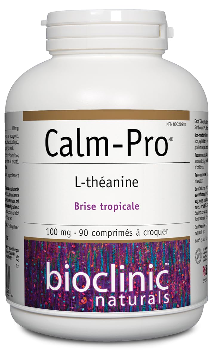 Bioclinic Naturals Calm-Pro chewable tablets label closeup with product details.