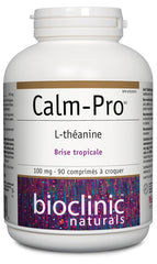 Bioclinic Naturals Calm-Pro chewable tablets label closeup with product details.