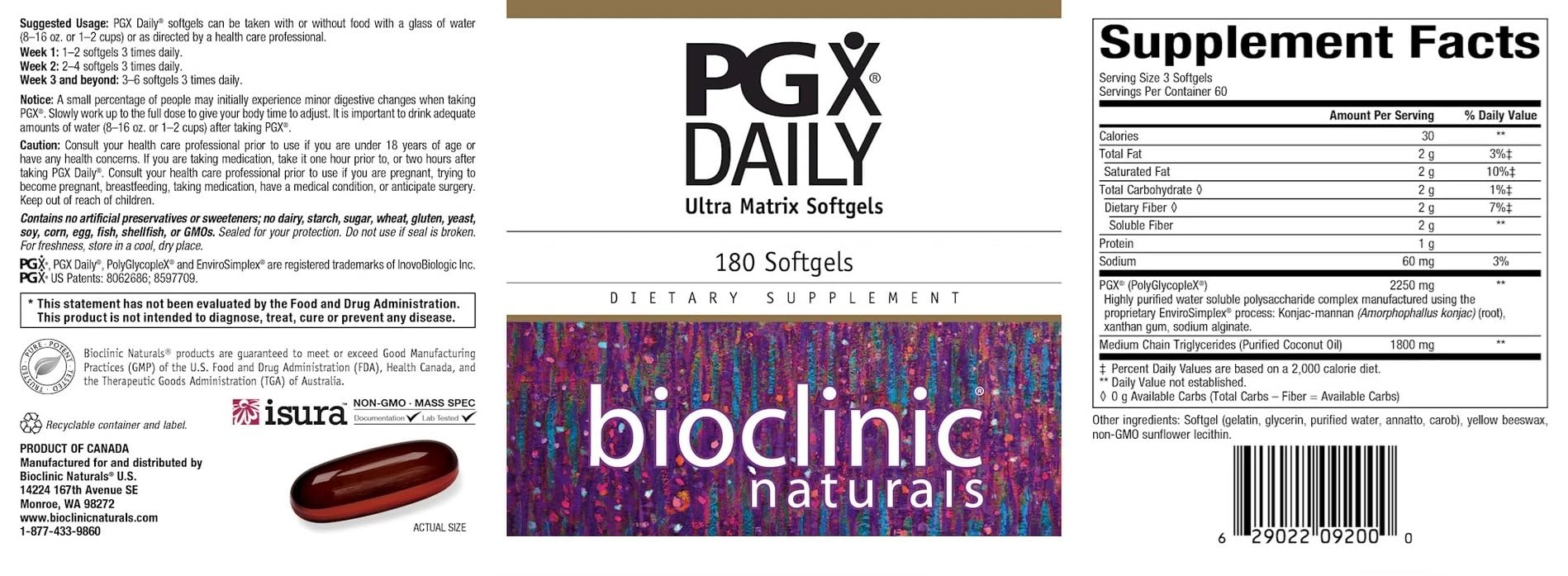 Bioclinic Naturals PGX Daily Ultra Matrix Softgels bottle closeup, easy-to-swallow capsules for daily use.