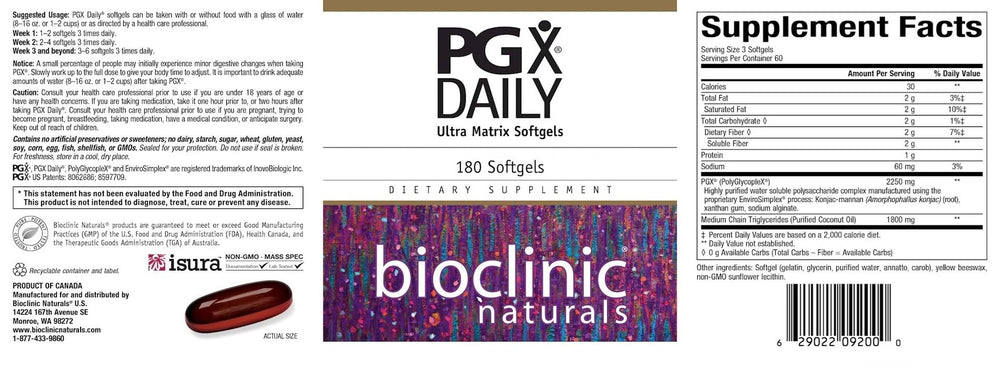 Bioclinic Naturals PGX Daily Ultra Matrix Softgels bottle closeup, easy-to-swallow capsules for daily use.