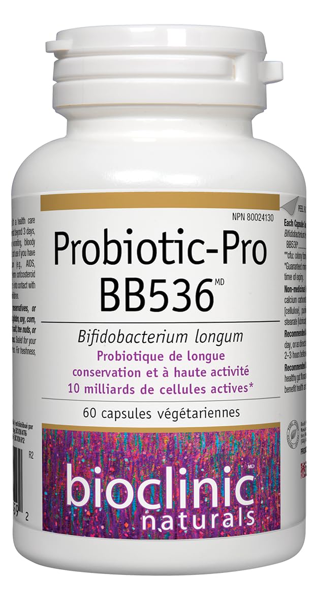 Bioclinic Naturals BB536 bottle highlights high-potency capsules for gut health.