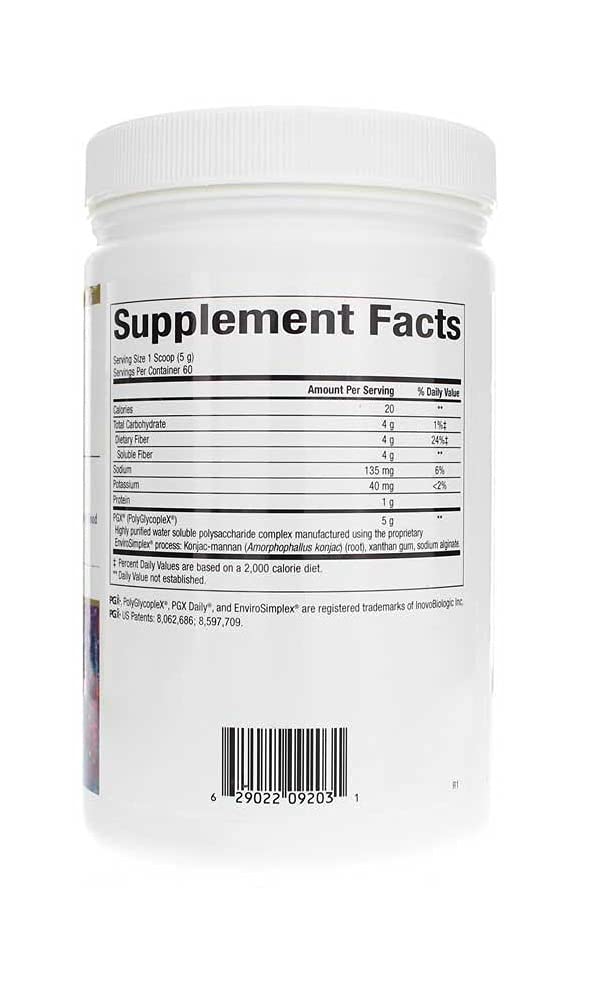 Bioclinic PGX Daily Granules unflavored 300 g nutrition label shows ingredients and serving details.