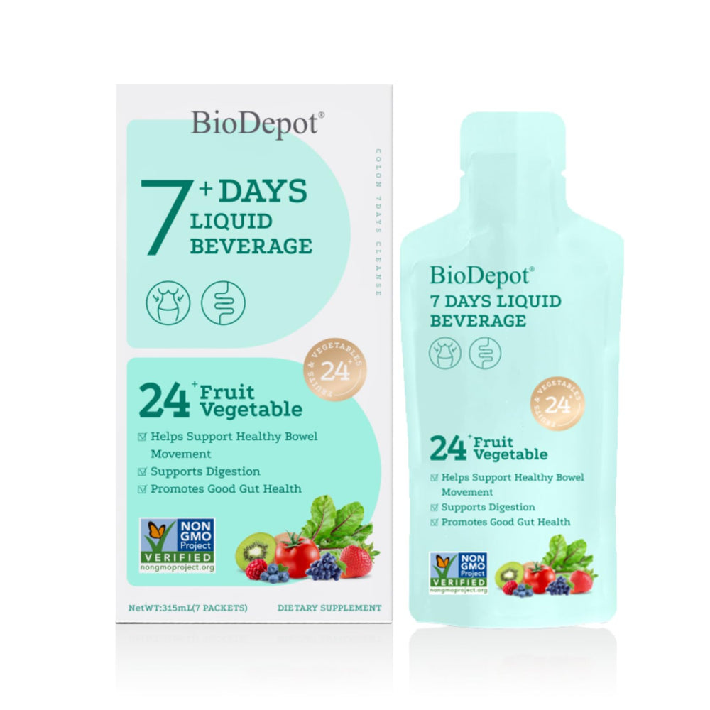 Biodepot 7 Days Clean bottle pour showing easy daily probiotic intake for gut balance