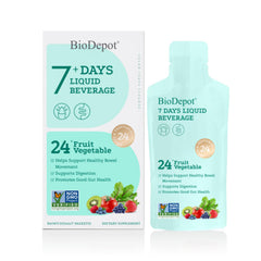 Biodepot 7 Days Clean bottle pour showing easy daily probiotic intake for gut balance