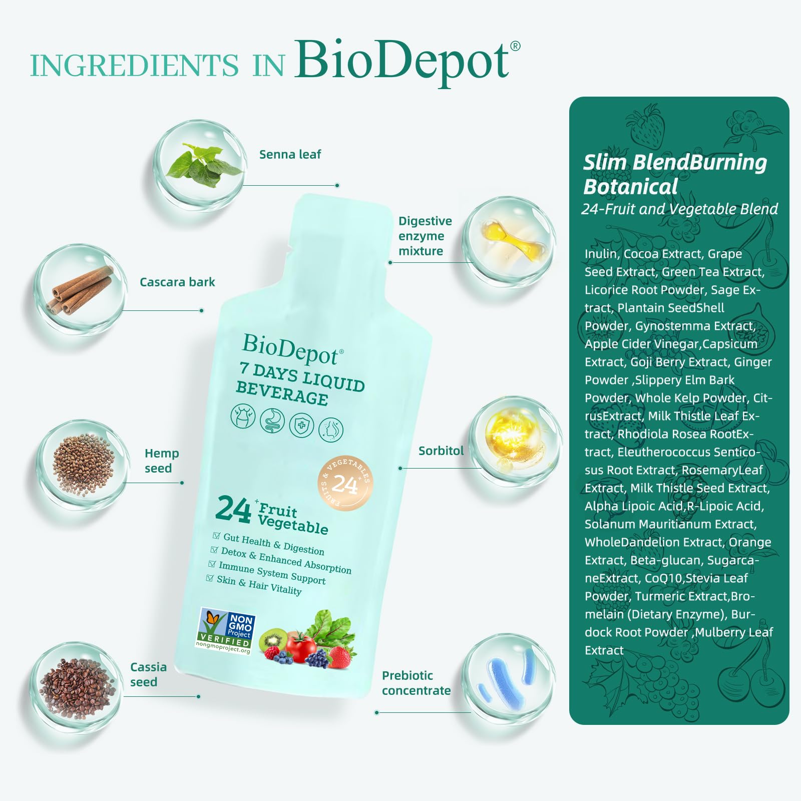 Biodepot 7 Days liquid probiotic bottle label emphasizes natural ingredients and daily gut support