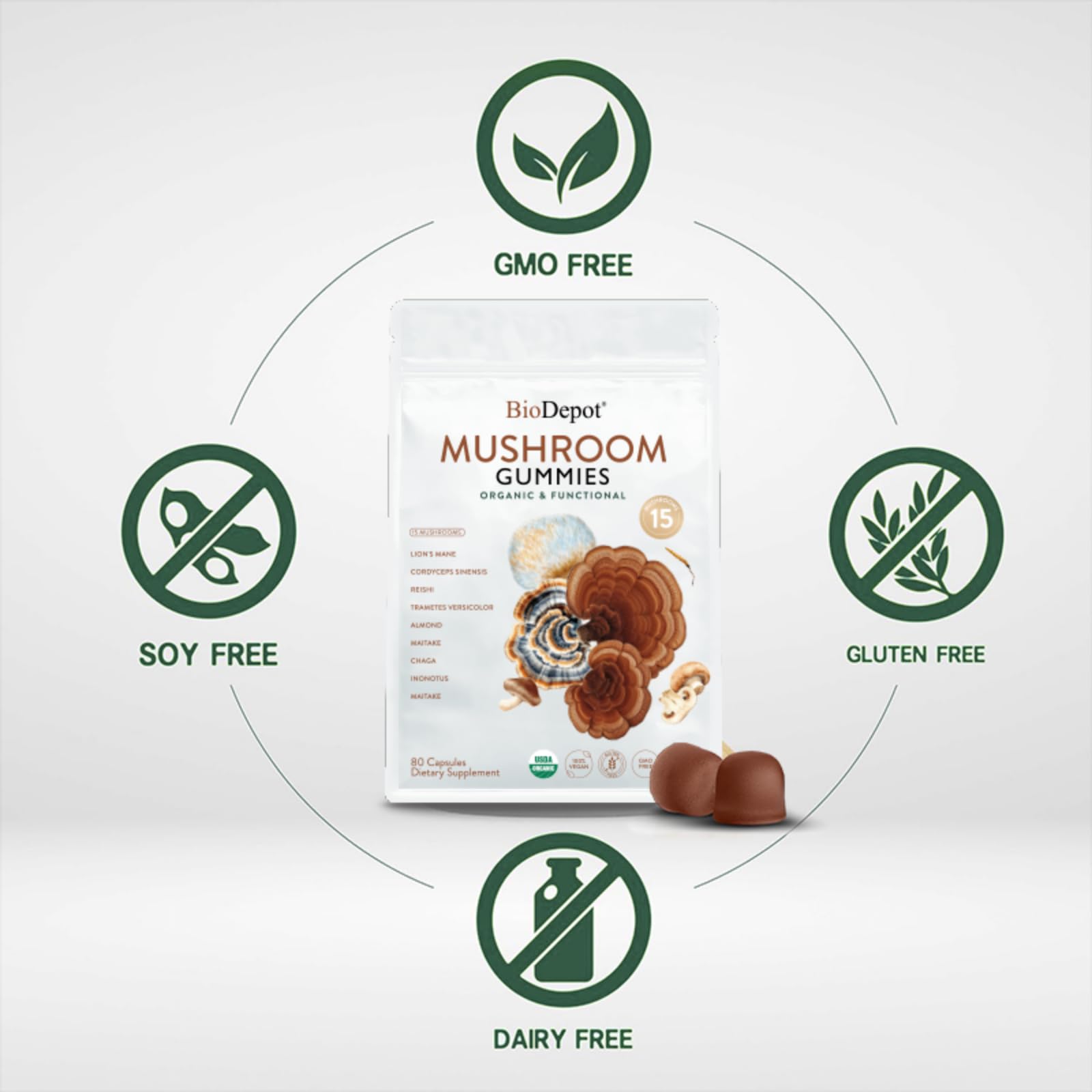 Biodepot Mushroom Gummies close-up shows soft chewy texture.