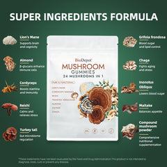 Biodepot label close-up highlighting 24-mushroom blend and vegan formula.