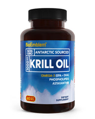 BioEmblem Antarctic Krill Oil bottle highlights omega-3 richness for cognitive and heart health.